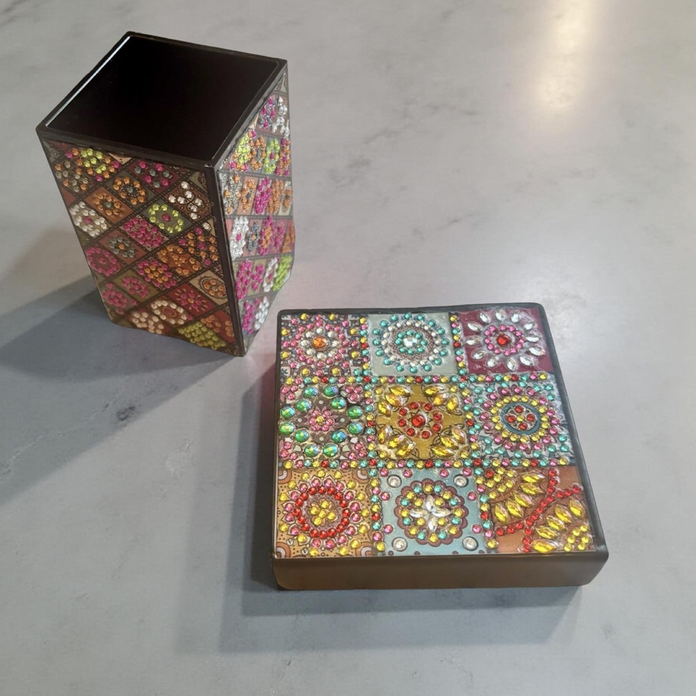 Colorful Hand Crafted Diamond Art Mosaic Pencil and Note Box Set